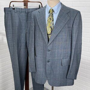 Hart Schaffner Marx Suit Men 44L 39Wx31L Blue Orange Prince Edward Plaid 80s 2pc